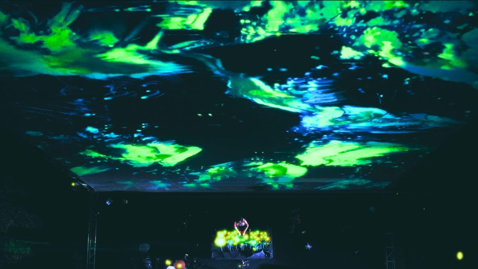 Live as Art at peak — 18-metre projection screen filling the upper field of view in green and blue liquid pattern, DJ silhouetted at the centre, audience visible at the bottom of the frame.
