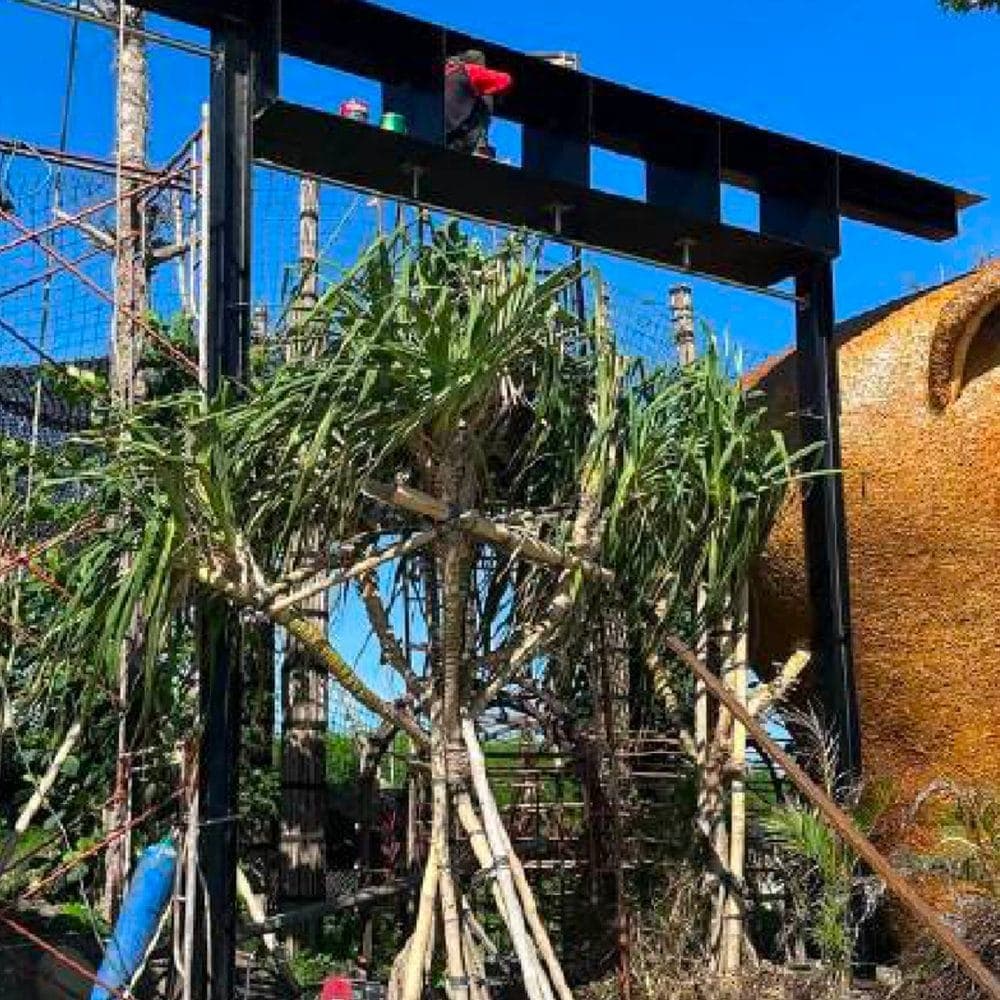 Bamboo scaffolding and venue fabrication — the beach club taking shape around the sculpture.